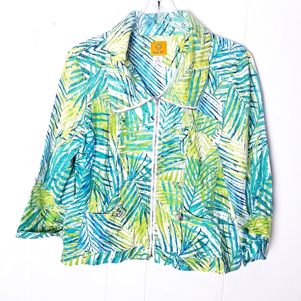 Ruby Rd Jacket Women Size 10 Linen Blend Palm Leaf